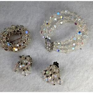 Vtge70's Set of Aurora crystal bracelet clip earrrings/pin.Bracelet 7.25"pin2"
